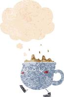 xícara de café dos desenhos animados andando e balão de pensamento em estilo retrô texturizado vetor