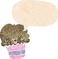 cupcake de desenho animado com bolha de rosto e fala em estilo retrô-texturizado vetor