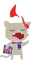 ilustração de cor lisa de um gato com presente de natal usando chapéu de papai noel vetor