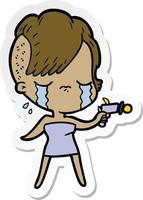 adesivo de uma garota chorando de desenho animado apontando arma de raios vetor