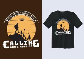 modelo de design de camiseta de montanha de acampamento de aventura de caminhada vetor