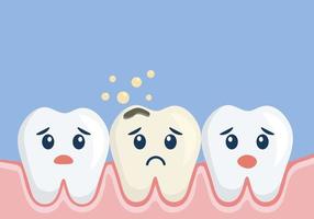 conceito de cavidade dentária. sorrindo dentes saudáveis com dente de cárie triste. problema dentário. dor de dente. vetor