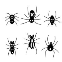 conjunto desenhado à mão preta com aranhas. ilustração vetorial para cartão de halloween, cartazes. vetor