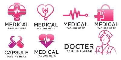 ícone médico conjunto modelo de design de logotipo com enfermeira, amor, pílulas e estetoscópio vetor