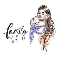 família, letras manuscritas, mãe com cabelo comprido abraça bebê vetor