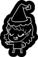 ícone de desenho animado feliz de uma elfa apontando usando chapéu de papai noel vetor