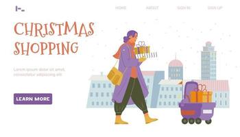modelo de vetor de página da web de compras de natal. mulher andando com caixas de presente, robô de entrega andando com presente.