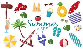 conjunto de prancha de surf de elementos de verão bonito, coquetel, bolsa, chapéu, palmeira, biquíni, chinelos, guarda-sol, bola, castelo de areia, bóia salva-vidas. ilustração vetorial plana para cartaz de verão