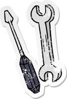 doodle de desenho animado adesivo angustiado de uma chave inglesa e uma chave de fenda vetor