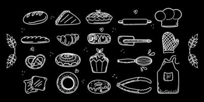 um conjunto de utensílios de cozinha e assados. elementos de doodle desenhados à mão no estilo de desenho. chapéu de chef, avental e luvas. ferramentas de massa rolo, espátula, batedor e pinças. ilustração vetorial simples vetor