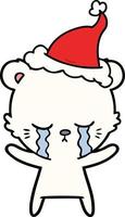 desenho de linha chorando de um urso polar usando chapéu de papai noel vetor