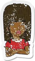 adesivo retrô angustiado de uma garota de desenho animado com braços cruzados vetor
