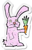 adesivo retrô angustiado de um coelho de desenho animado com cenoura vetor