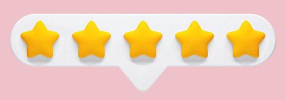 vetor ilustração 3d realista de feedback de 5 estrelas, avaliação de um produto ou serviço em um fundo rosa