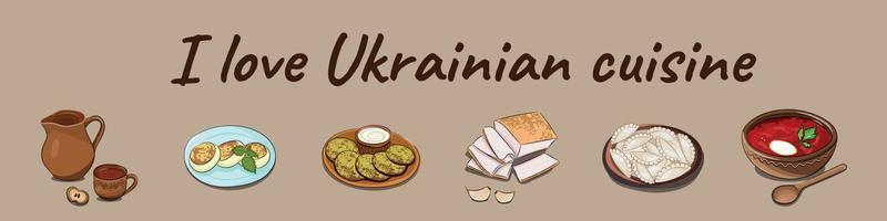 um conjunto dos pratos mais populares da cozinha nacional ucraniana em um banner horizontal bege, vetor plano, a inscrição eu amo cozinha ucraniana