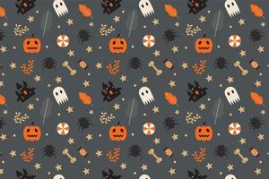 vetor de padrão de elemento de halloween lindo em um fundo escuro. design de padrão infinito de halloween para capas de livros, fundos e papéis de embrulho. decoração padrão de halloween com abóbora e fantasma