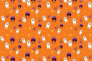 vetor de padrão de halloween assustador com fantasmas e tigelas de bruxa. textura de padrão de halloween sem costura para capas de livros e lençóis. design de elemento padrão abstrato para fundo de halloween.