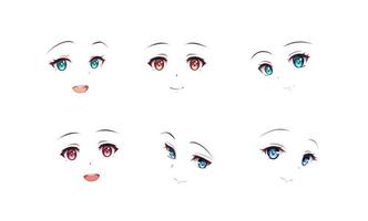 Cara de anime feliz. olhos grandes de estilo mangá, nariz pequeno e boca  kawaii.