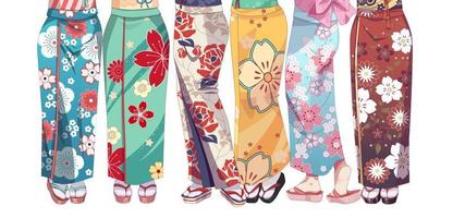 pernas longas de grupo de meninas. garota de mangá de anime vestindo quimono japonês. ilustração vetorial em fundo isolado vetor