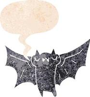 morcego de halloween bonito dos desenhos animados e bolha de fala em estilo retrô texturizado vetor