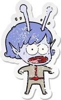 adesivo angustiado de uma garota alienígena chocada de desenho animado vetor