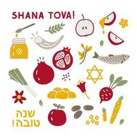 conjunto de elementos tradicionais de rosh hashaná desenhados à mão. ilustração de ano novo judaico vetor