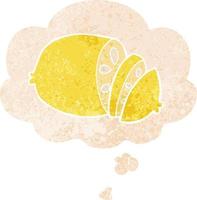 desenho animado limão fatiado e balão de pensamento em estilo retrô texturizado vetor