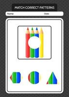 jogo padrão de correspondência com lápis de cor. planilha para crianças pré-escolares, folha de atividades para crianças vetor