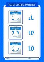 jogo padrão de correspondência com calendário. planilha para crianças pré-escolares, folha de atividades para crianças vetor