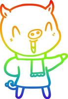 linha de gradiente de arco-íris desenhando porco de desenho animado feliz em roupas de inverno vetor