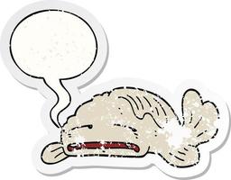 adesivo triste de desenho animado peixe velho e bolha de fala angustiado vetor