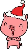 desenho de linha feliz de um porco usando chapéu de papai noel vetor
