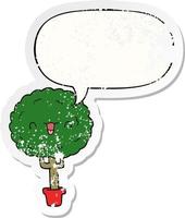 árvore feliz dos desenhos animados e adesivo angustiado de bolha de fala vetor