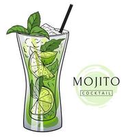 coquetel de mojito, coquetel desenhado à mão com gelo, hortelã e limão. ilustração vetorial vetor