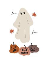 cartão de halloween desenhado à mão com fantasma fofo e abóboras assustadoras vetor