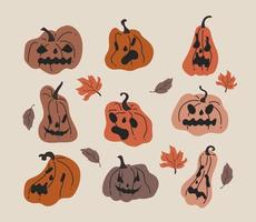 conjunto de abóbora desenhada à mão com rostos assustadores para o halloween vetor