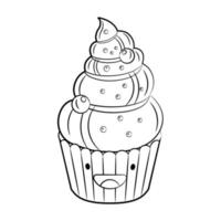 ícone de vetor de cupcake bonito estilo contorno isolado no fundo branco. adesivo de desenho animado. kawaii sorridente ilustração de comida. estilo de contorno de desenho plano. página para colorir.