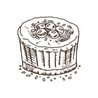 saborosa sobremesa doce cremosa. ilustração monocromática em vetor vintage. esboço desenhado de mão de delicioso bolo com mirtilos. elemento de produto de gastronomia de design.