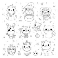 conjunto vetorial de animais em trajes de halloween. página para colorir para crianças pré-escolares. personagens de desenhos animados kawaii fofos. ilustração em preto e branco. vetor