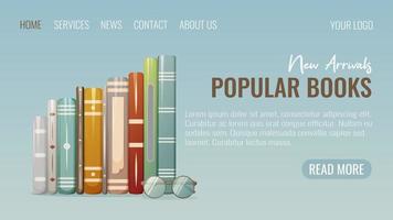 pilha de livros com óculos, modelo de interface do site. ilustração vetorial para uma livraria. lendo, aprendendo novas informações. para estudantes, escolares, amantes da literatura vetor