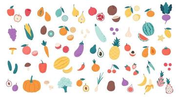 grande conjunto de frutas, legumes, frutas, cogumelos, feijão, frutas tropicais e exóticas. alimentos saudáveis, produtos dietéticos vetor