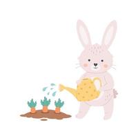 lindo coelhinho branco regando cenouras com regador. primavera, jardinagem, conceito de agricultura vetor