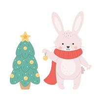lindo coelhinho branco decorando uma árvore de natal. feliz Natal e Feliz Ano Novo. vetor