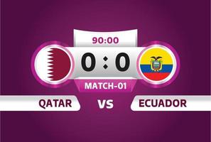 qatar x equador, futebol 2022, grupo a. partida de campeonato de competição mundial de futebol contra fundo de esporte de introdução de equipes, cartaz final de competição de campeonato, ilustração vetorial. vetor profissional