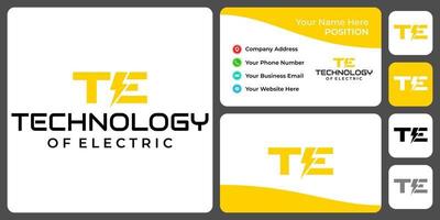carta te monograma elétrico design de logotipo com modelo de cartão de visita. vetor