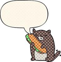 gato de desenho animado amando o sanduíche incrível que ele acabou de fazer para o almoço e balão de fala no estilo dos quadrinhos vetor