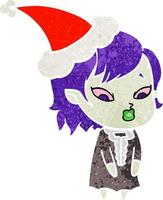 bonito desenho retrô de uma garota vampira usando chapéu de papai noel vetor