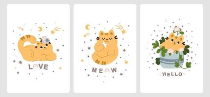 coleção de cartões com gatos bonitos, arco-íris e flores em estilo escandinavo de desenho animado. para férias infantis, para recém-nascido vetor