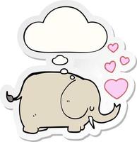 elefante de desenho animado fofo com corações de amor e balão de pensamento como um adesivo impresso vetor