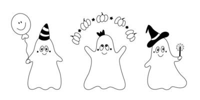 conjunto de rabiscos de fantasmas gentis felizes e festivos dos desenhos animados elementos de design de halloween infantil vetor